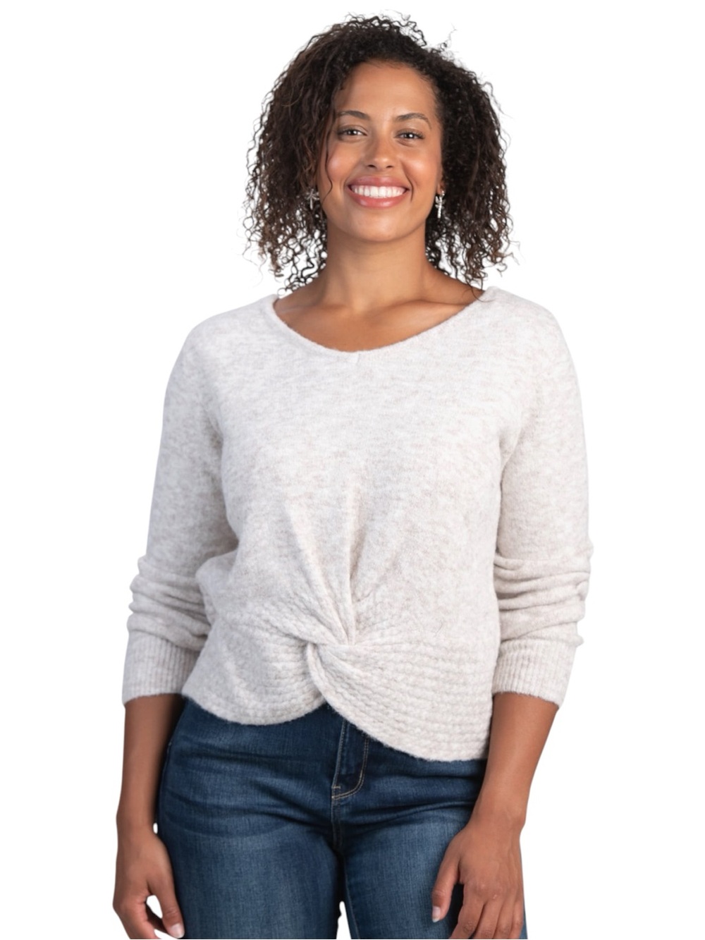 MARBELLA Oatmeal/Tan Scoop Neck Off Shoulder Knotted Waist Crop Sweater (XL)